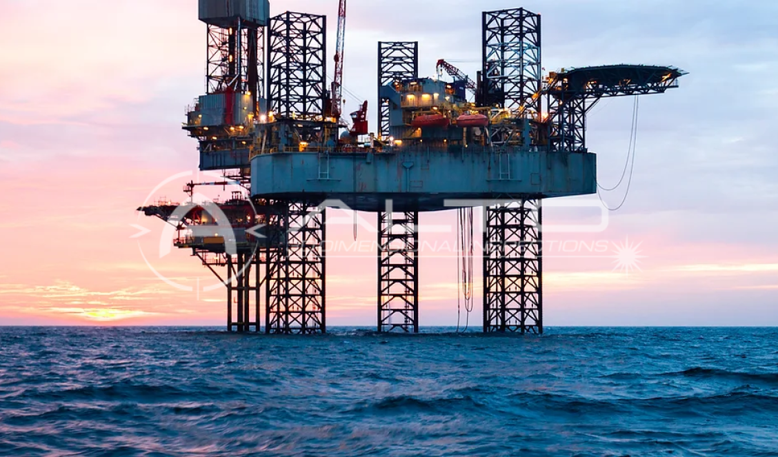 An offshore oil and gas platform, representing demanding marine environments that require precise dimensional inspection and metrology.