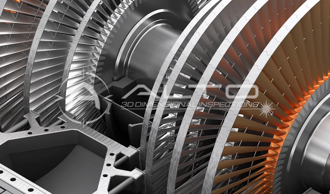 Close-up of a metallic turbine rotor showing concentric rows of curved blades.
