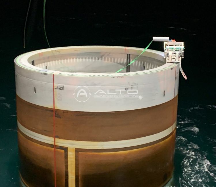 Autonomous offshore rover performing flange flatness and ovality analysis on a wind farm transition piece.