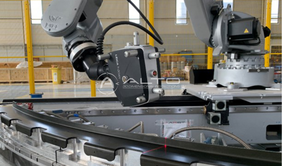 Industrial robotic arm with a Leica T-Scan laser scanner projecting a red laser line onto a curved black component during a 3D dimensional inspection.