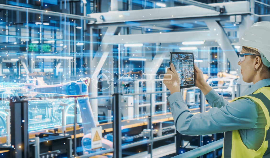 An engineer inspecting a smart manufacturing facility using an augmented reality tablet overlay.
