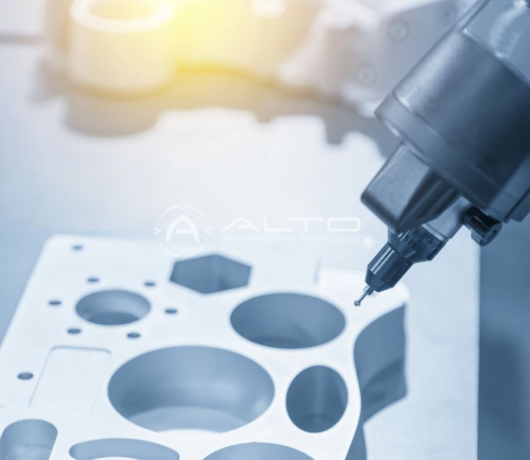 Alto contract dimensional inspection services featuring a high-precision measurement probe on a machined metal part.