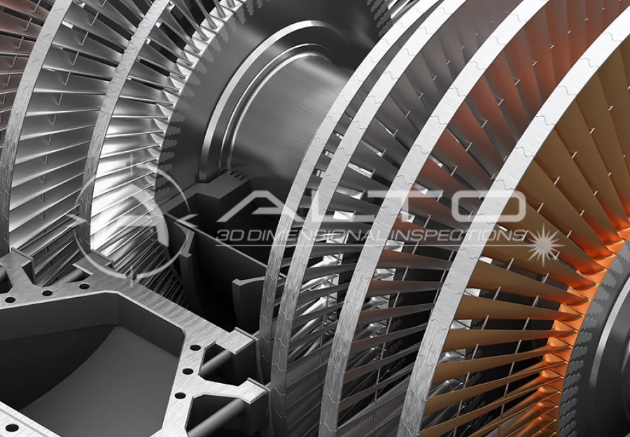 Close-up of a metallic turbine rotor showing concentric rows of curved blades.