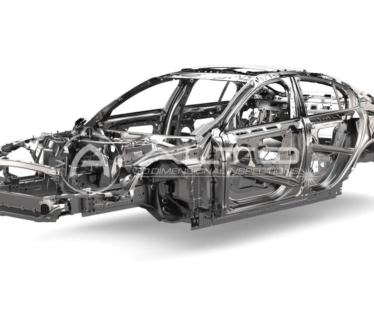 Body-in-White (BIW) automotive inspection featuring a laser tracker measuring a car chassis.