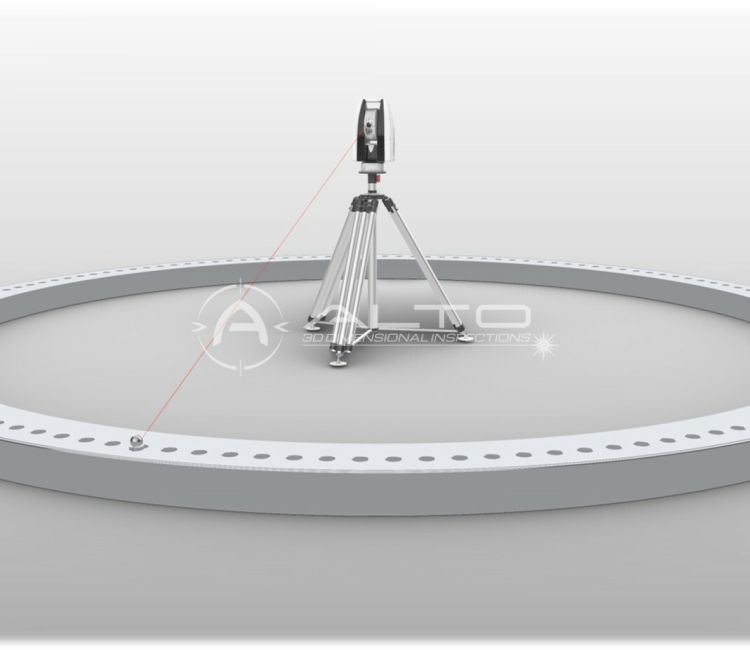 Laser tracker survey measuring the flatness and ovality of a wind farm transition piece flange.