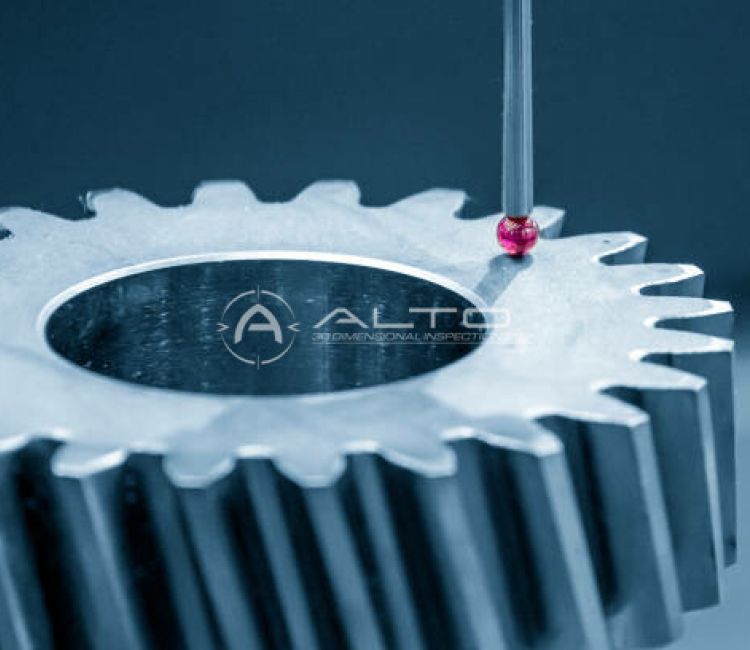 A high-precision CMM probe performing an automated inspection of a complex industrial gear.
