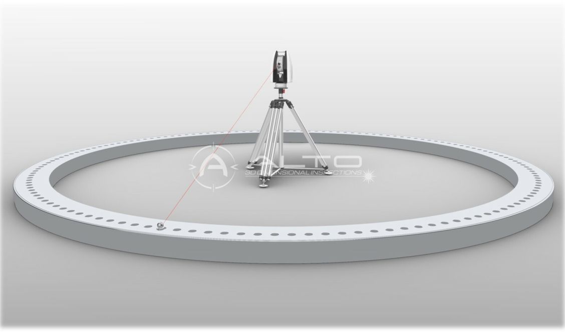Laser tracker survey measuring the flatness and ovality of a wind farm transition piece flange.