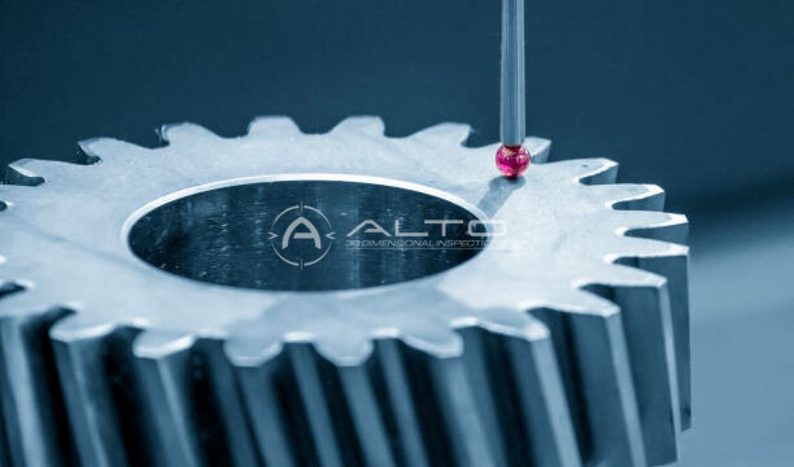 A high-precision CMM probe performing an automated inspection of a complex industrial gear.