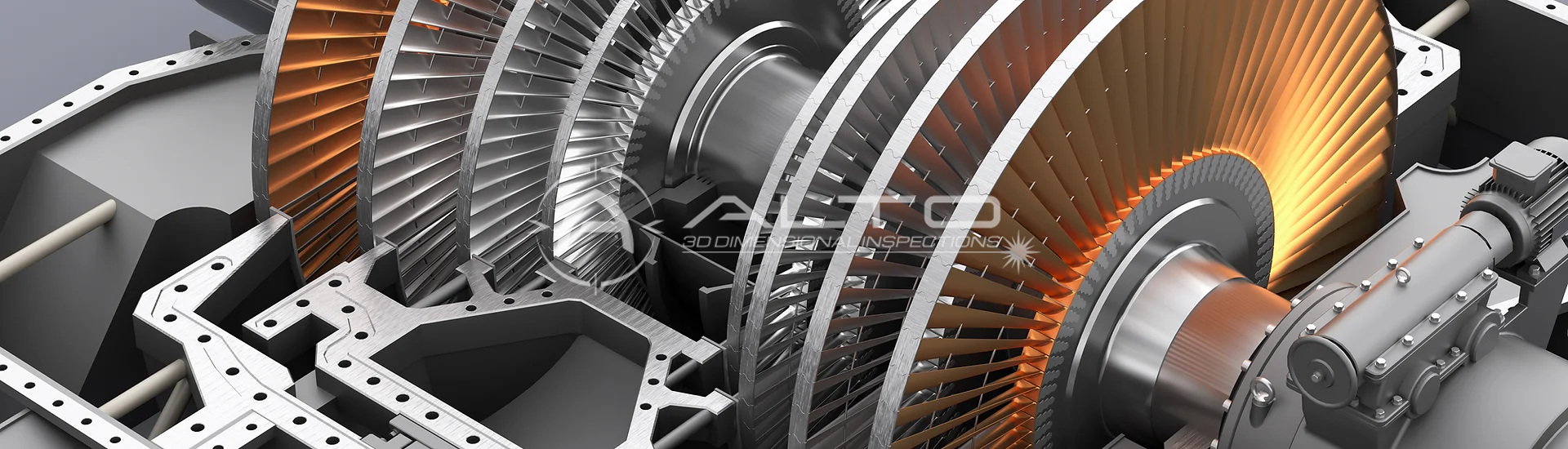 Close-up of a metallic turbine rotor showing concentric rows of curved blades.