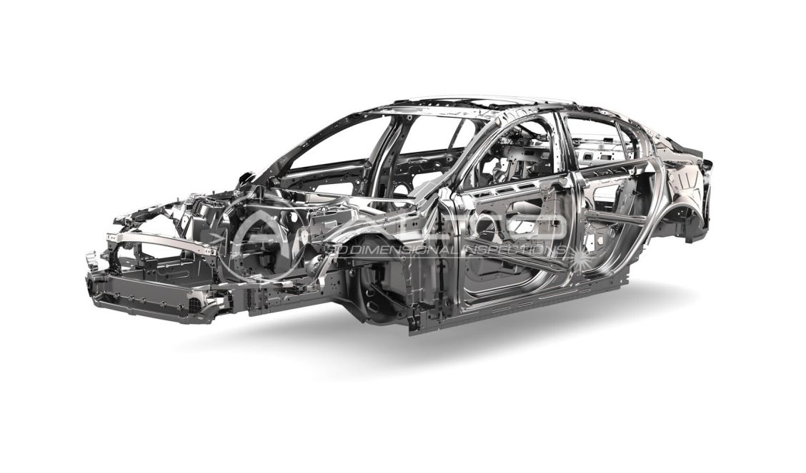 Body-in-White (BIW) automotive inspection featuring a laser tracker measuring a car chassis.