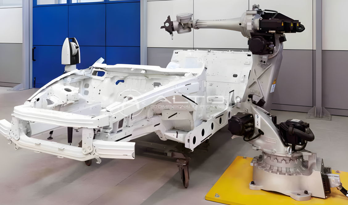 Robotic production line automation using laser trackers for high-precision aerospace component measurement.