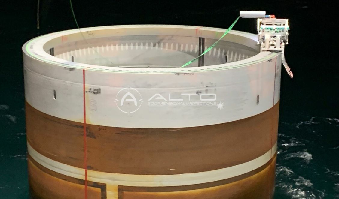 Autonomous offshore rover performing flange flatness and ovality analysis on a wind farm transition piece.