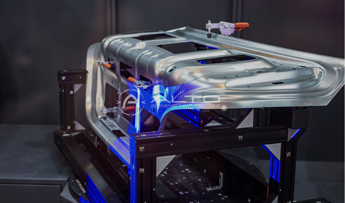 Modular fixturing solution holding an automotive component for repeatable positioning during 3D optical metrology.