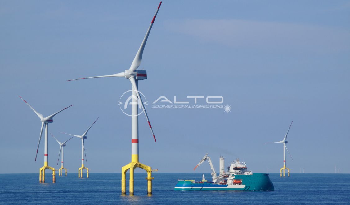 Measuring offshore wind farm jacket components using a Leica Absolute Tracker AT960 in a heavy fabrication yard.